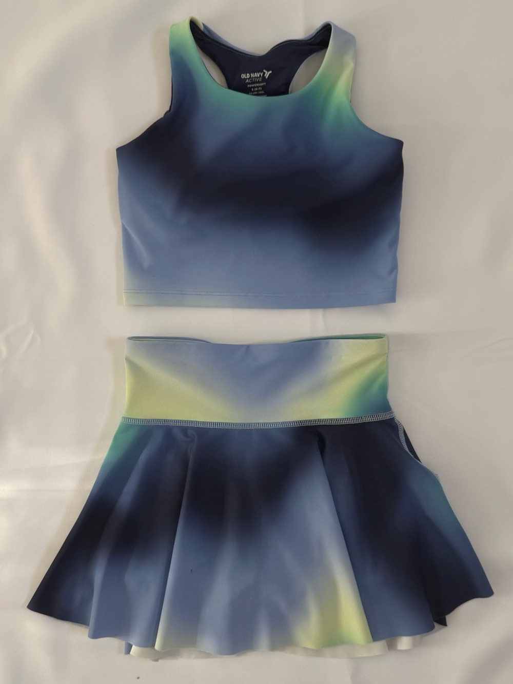 Old Navy Blue and Green Gradient Girls Athletic Crop Top & Skirt Set S 5/6